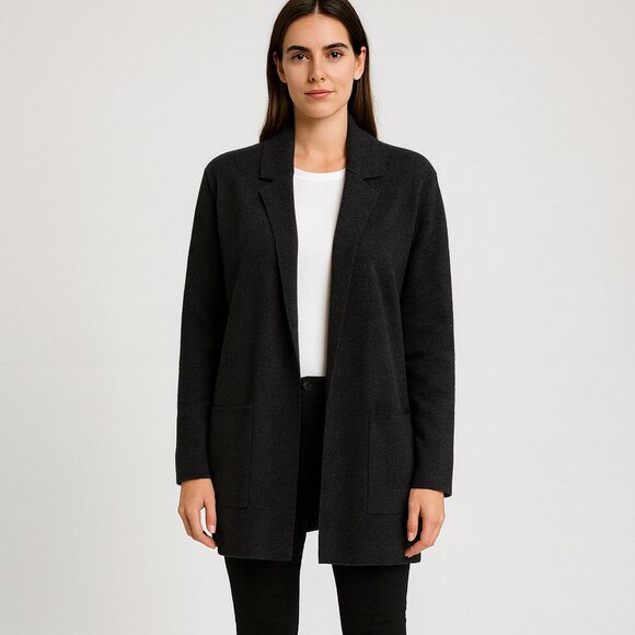 Eileen Fisher Merino Wool Notch Collar Cardigan Dark Charcoal Grey Size Large - Picture 1 of 4